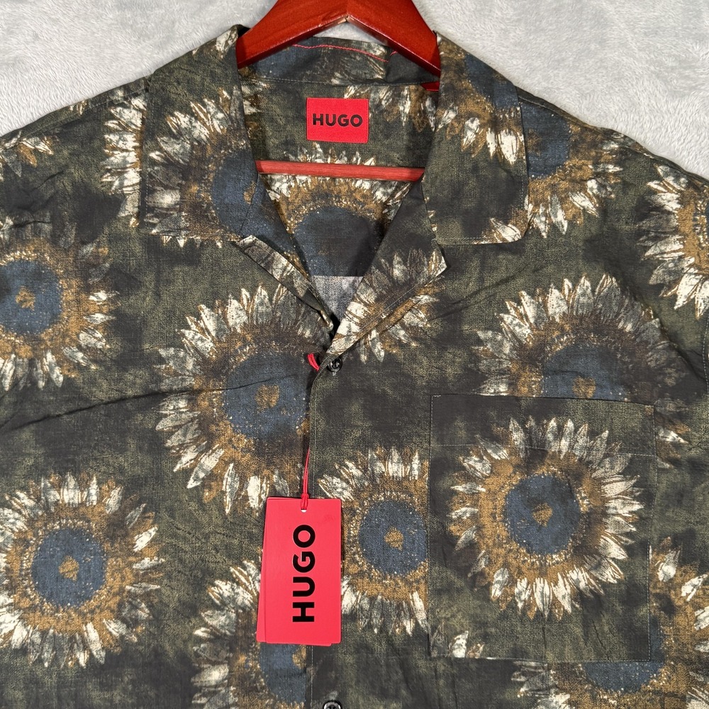 HUGO Boss Shirt Mens Large Green Sunflower Print Short Sleeve Camp Collar Cotton